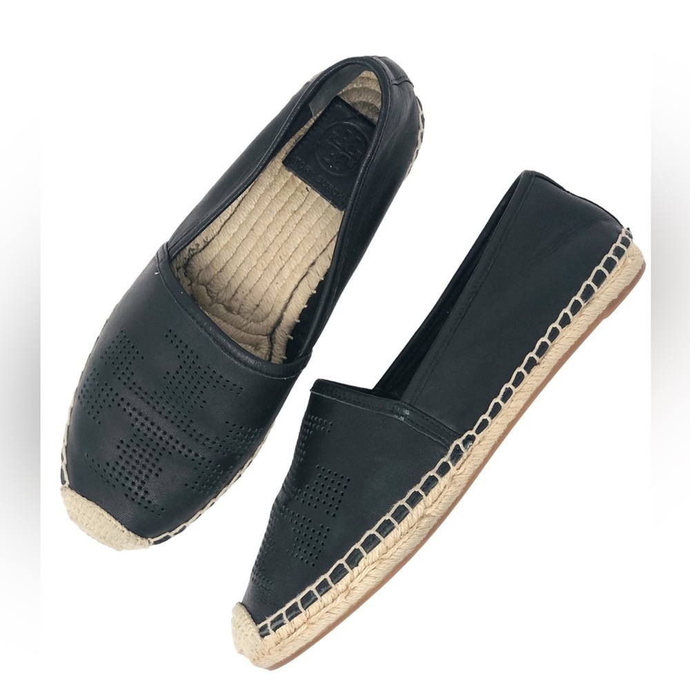 Tory Burch Black Leather Espadrilles Perforated Slip On Flat Size 7